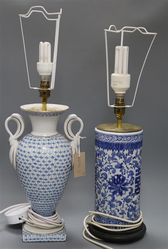 A Chinese blue and white cylindrical table lamp and a blue and white swan handled table lamp tallest excl. fittings 36.5cm
